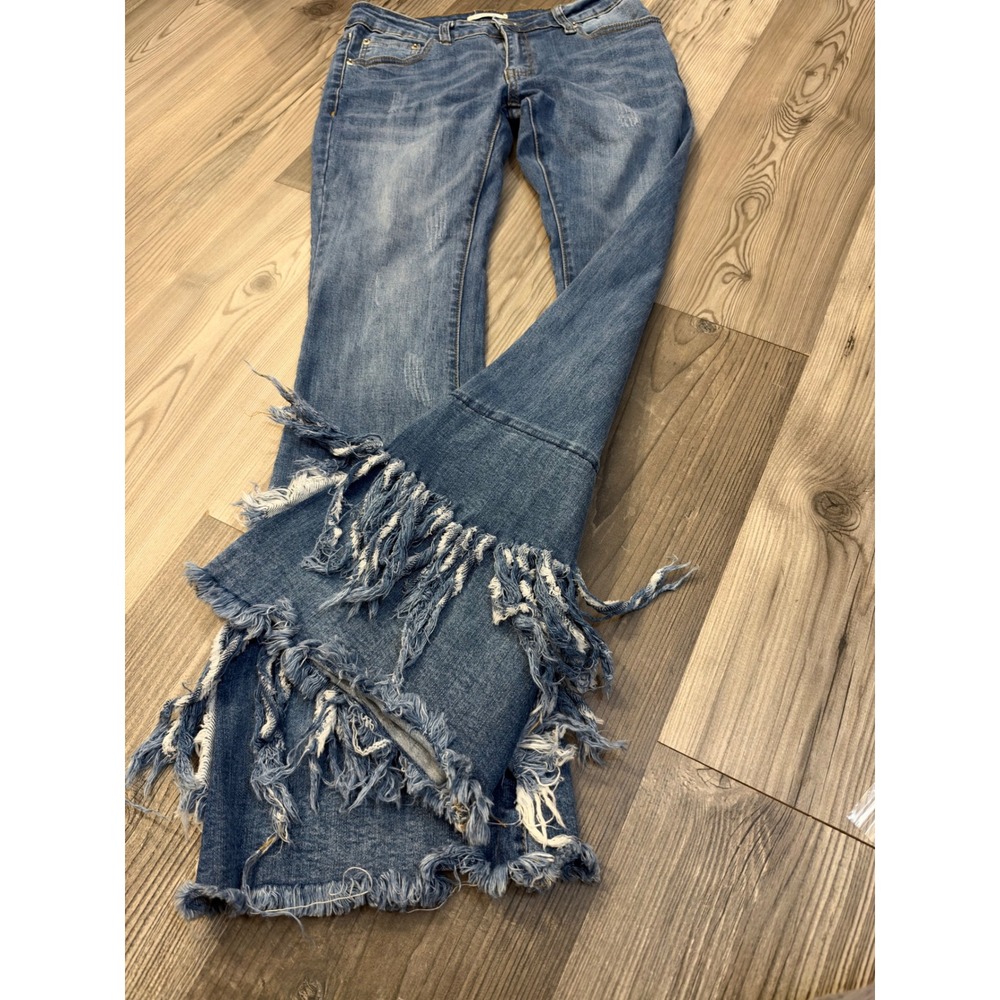 Luxe Moda Womens Blue Fringed Flare Leg Jeans Size 8 Boho Distressed Frayed Hem